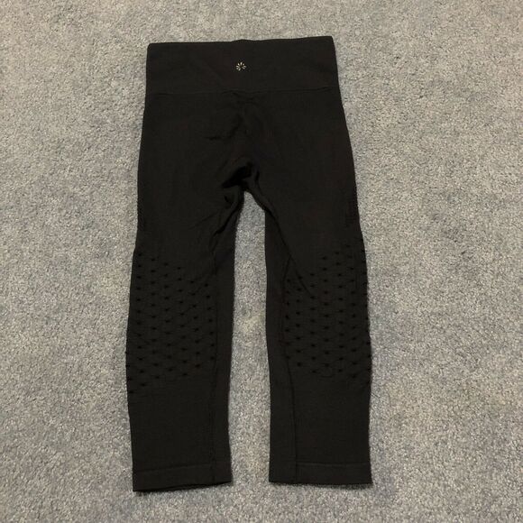 Athleta Cropped Leggings XS Black Mesh Panels Pocket Wide High Waist - Picture 3 of 8
